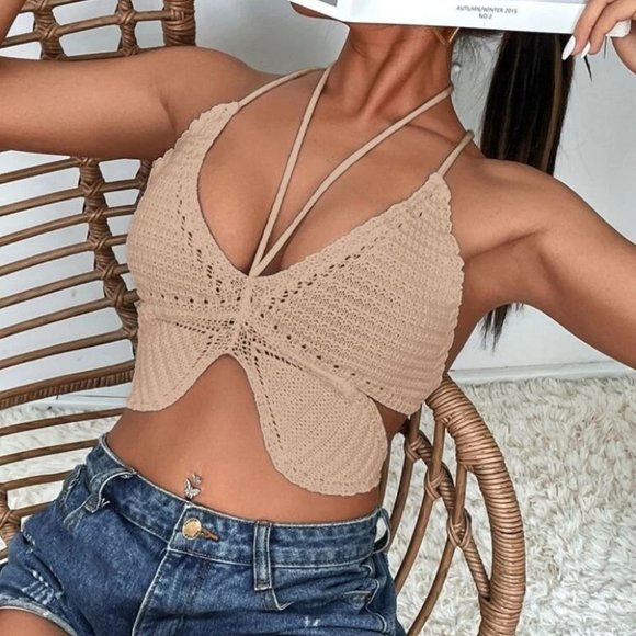 boho Tied Backless Asymmetrical Hem Knit crop Top - Picture 2 of 5